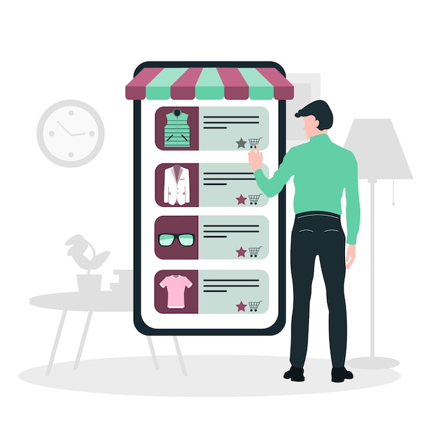 Concepto de compra móvil. Los hombres compran cosas en la tienda online. Compras en las redes sociales a través del estilo de diseño plano del teléfono. Ilustración de vector de compras en línea. EPS