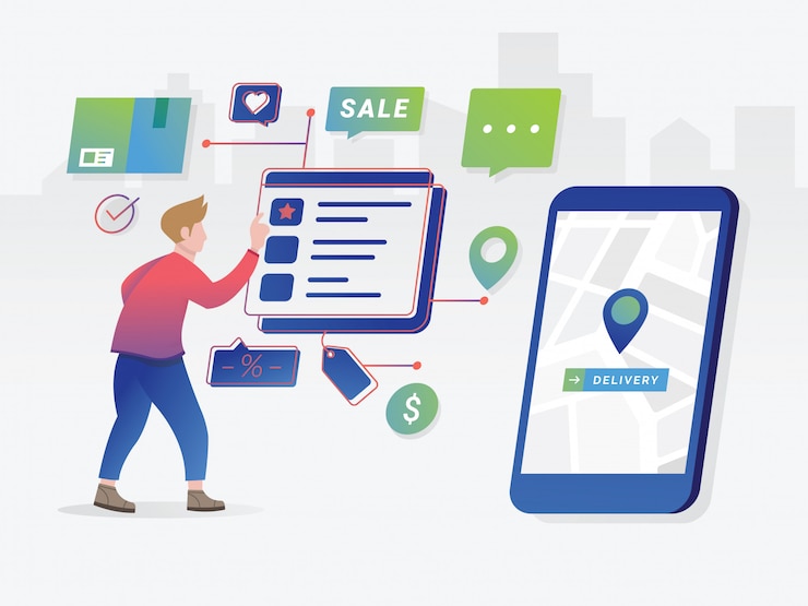Vector concepto de compra online con carácter