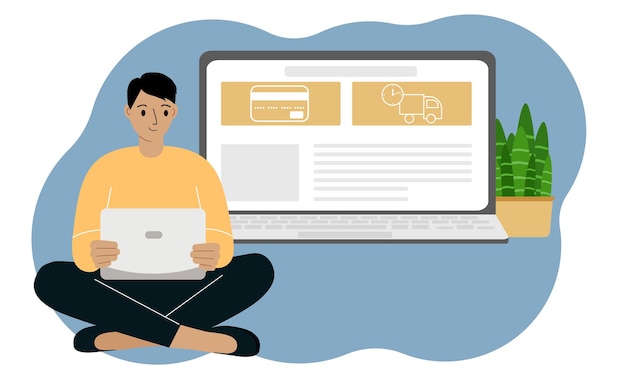 Concepto de compra online. Un hombre está sentado con las piernas cruzadas con una computadora portátil. Primer plano de una computadora portátil con una página web abierta. Ilustración vectorial plana
