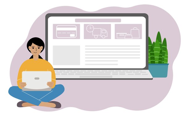 Concepto de compra online. Una mujer está sentada con las piernas cruzadas con una computadora portátil. Primer plano de una computadora portátil con una página web abierta. Ilustración vectorial plana