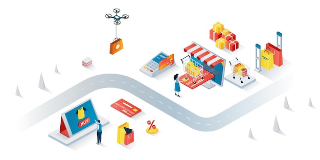 Concepto de compras Banner web isométrico 3d Las personas realizan compras en línea en pedidos de ventas de temporada