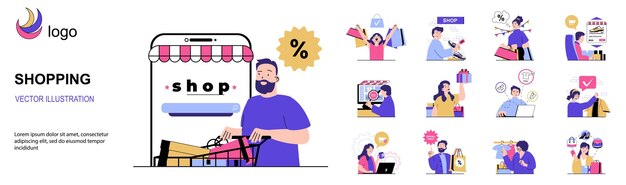 Concepto de compras con colección de situaciones de personajes Paquete de escenas que las personas compran productos en línea y reciben compras pagando en la aplicación móvil Ilustraciones vectoriales en diseño web plano