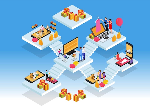 Concepto de compras y comercio electrónico en línea isométrico