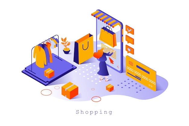 Concepto de compras en diseño isométrico 3d Cliente que realiza compras en la elección de la aplicación móvil