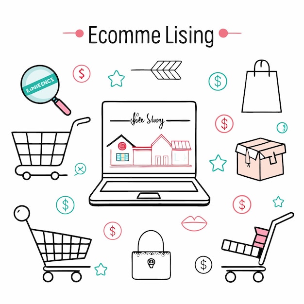 Concepto de compras electrónicas con carritos de compras portátiles dinero y estrellas