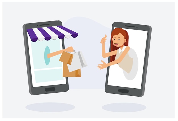 Concepto de compras y entrega en línea. La tienda en línea está dando una bolsa a una mujer. Entrega rápida. Ilustración de personaje de dibujos animados de vector plano.