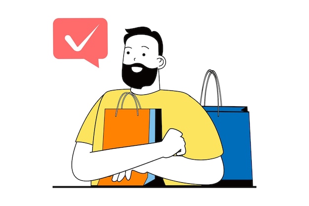 Concepto de compras con escena de personas en diseño web plano Hombre con bolsa haciendo compras en venta y pidiendo nuevos productos en la tienda en línea Ilustración vectorial para material de marketing de banners en redes sociales