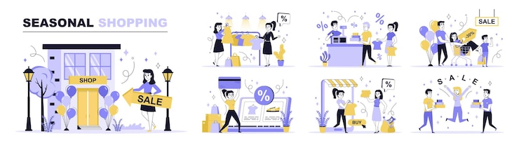Vector concepto de compras estacionales establecido en diseño web plano colección con personas que hacen compras en ventas comprando ropa nueva en la tienda ordenando en línea ilustración vectorial plana aislada en fondo blanco