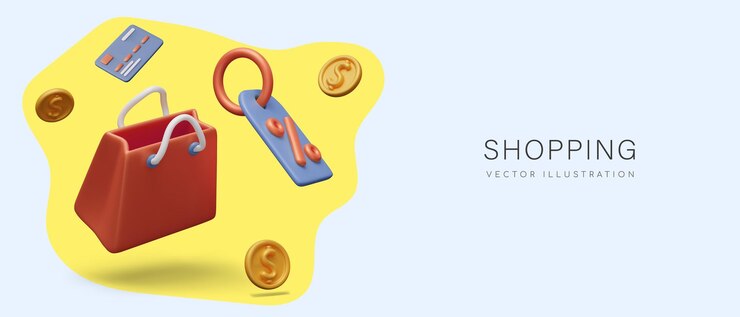 Vector concepto de compras en estilo de dibujos animados bolsa 3d con mangos monedas tarjeta de crédito etiqueta de descuento