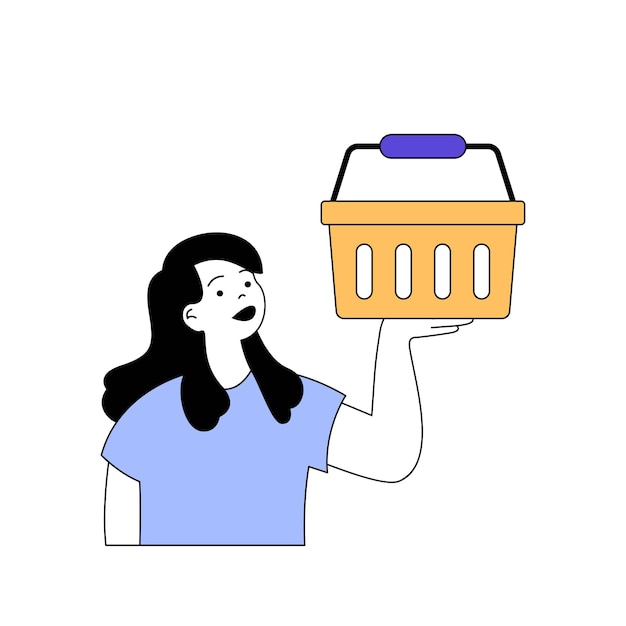 Concepto de compras con gente de dibujos animados en diseño plano para web Mujer con cesta haciendo compras en supermercado y ordenando productos Ilustración vectorial para material de marketing de banner en redes sociales