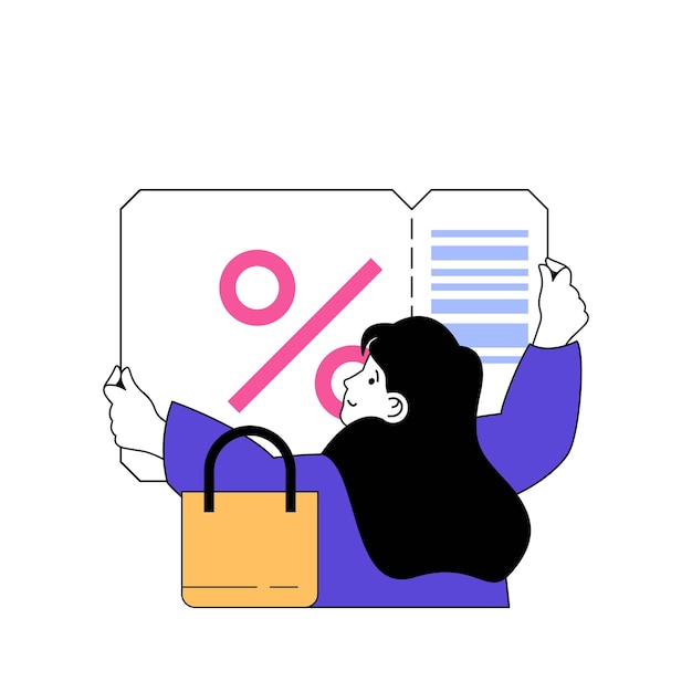 Concepto de compras con gente de dibujos animados en diseño plano para web Mujer haciendo compras gangas con cupones de descuento en ventas de temporada Ilustración vectorial para material de marketing de banner en redes sociales