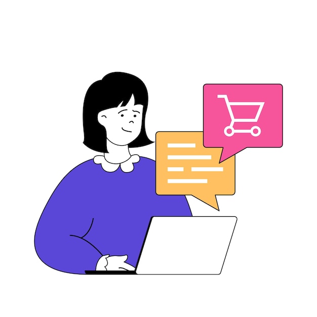 Concepto de compras con gente de dibujos animados en diseño plano para web Mujer haciendo compras en una tienda en línea y recibiendo consultas en chat Ilustración vectorial para material de marketing de banners en redes sociales