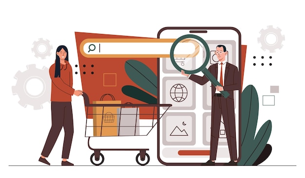 Concepto de compras por Internet hombre y mujer con tienda en línea y tienda de marketing y comercio electrónico