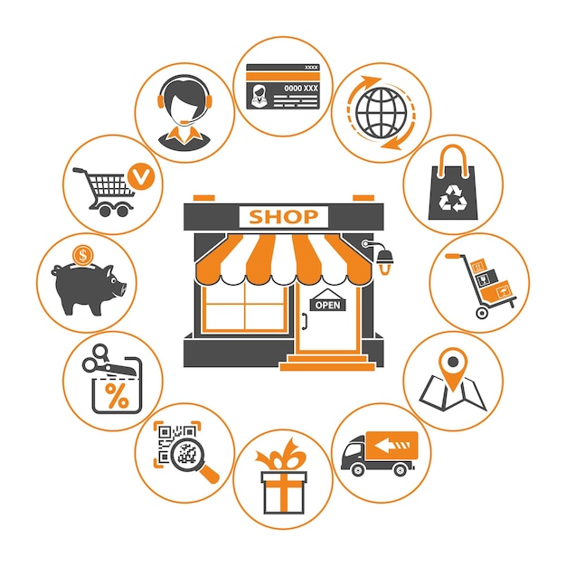 Concepto de compras por Internet en línea con iconos planos de dos colores para marketing de comercio electrónico y publicidad con tienda, entrega, venta y bienes. Ilustración de vector aislado