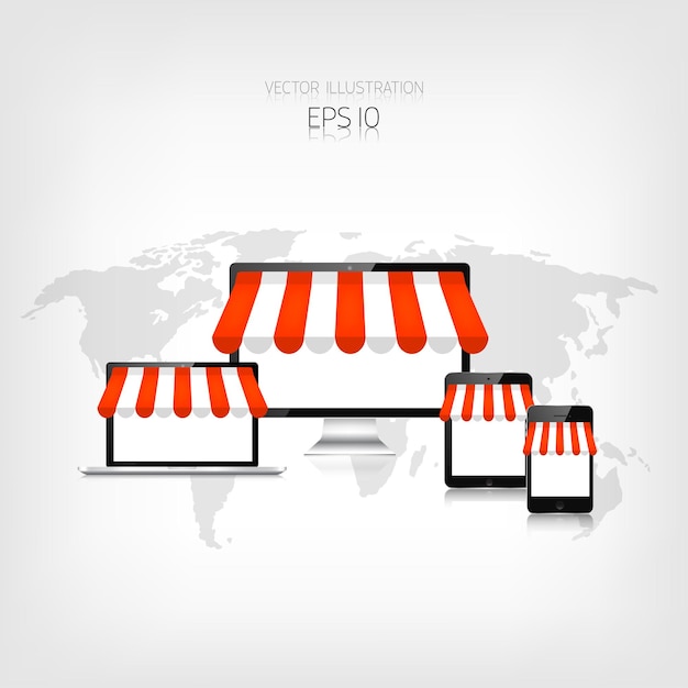 Concepto de compras por Internet tableta realista teléfono inteligente portátil y monitor comercio electrónico tienda en línea web