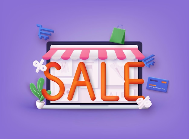 Concepto de compras en línea 3D Web Ilustraciones vectoriales Diseño de banner de descuento con renderización 3D