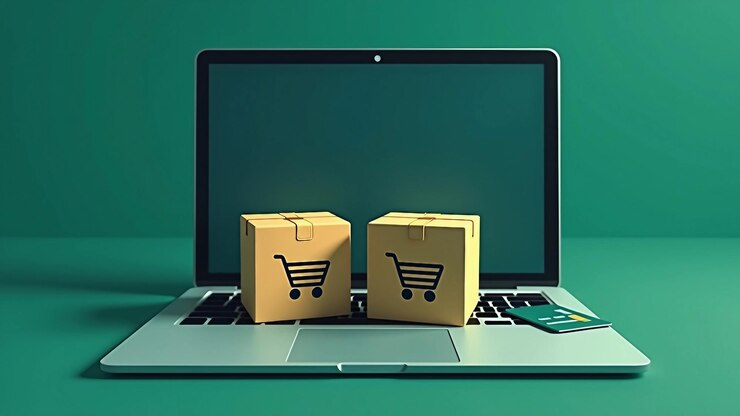 Vector concepto de compras en línea con cajas de portátiles y tarjeta de crédito