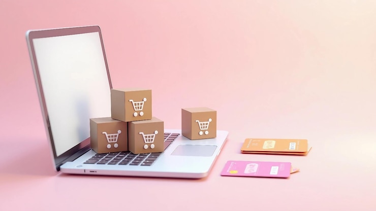 Vector concepto de compras en línea con cajas de portátiles y tarjeta de crédito