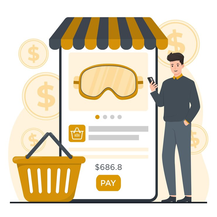 Vector concepto de compras en línea comercio electrónico conjunto plano con hombre en una tienda y vector de carrito de compras