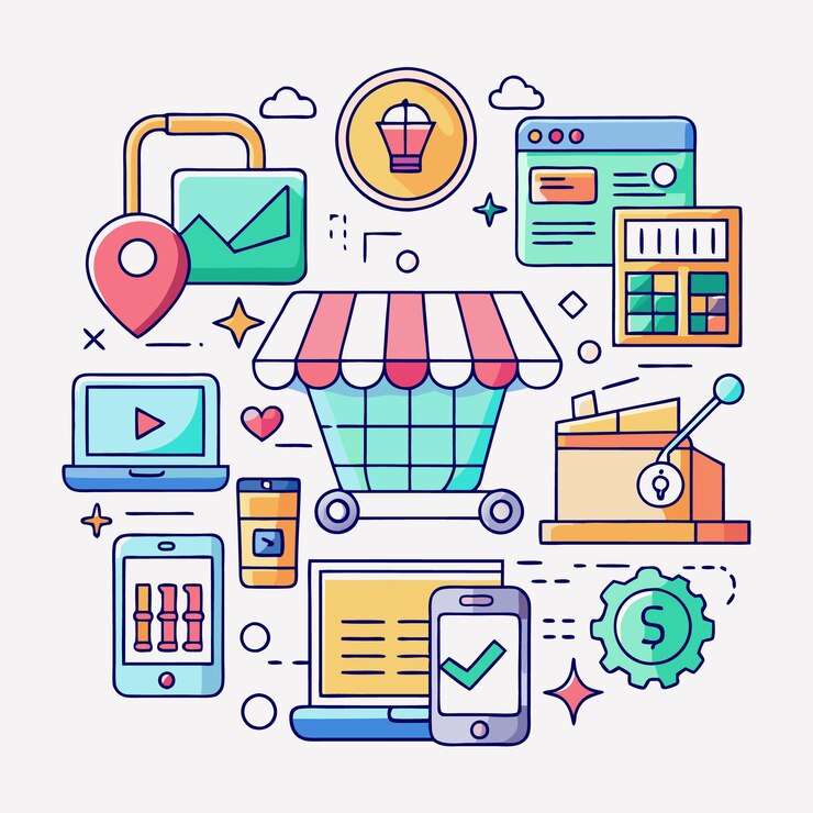 Vector concepto de compras en línea y comercio electrónico con íconos coloridos