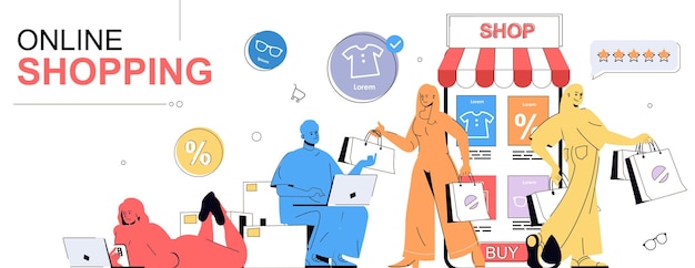 Concepto de compras en línea en diseño de dibujos animados planos para banner web Gente con bolsas haciendo compras ordenando nuevos productos usando aplicación móvil o sitio de tienda por portátil dejando comentarios Ilustración vectorial