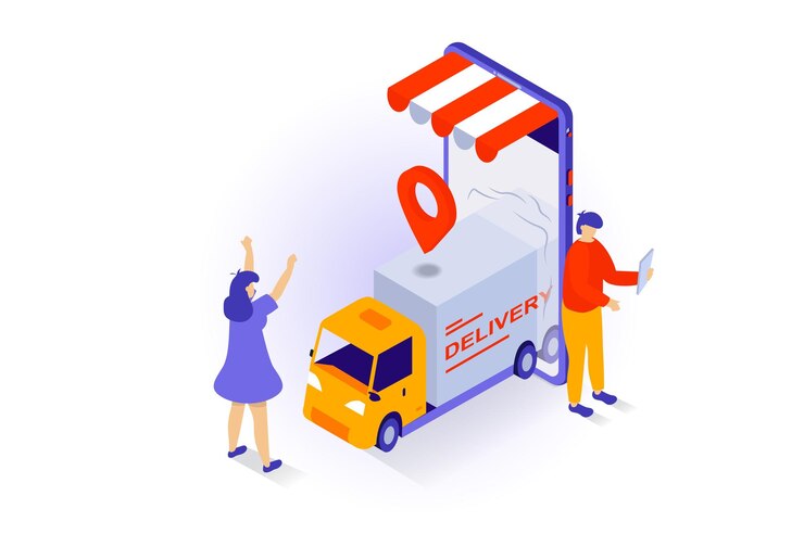 Vector concepto de compras en línea en diseño isométrico 3d gente haciendo compras en la tienda página web ordenando servicio de entrega y seguimiento de transporte ilustración vectorial con escena de isometría para gráficos web