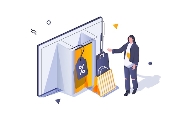 Concepto de compras en línea en diseño isométrico 3d Mujer con muchas bolsas comprando nuevos productos en la tienda con ofertas de ganga de precios de descuento Ilustración vectorial con escena de personas isométricas para gráficos web
