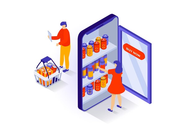 Concepto de compras en línea en diseño isométrico 3D Personas eligiendo productos en el surtido de la tienda en la página web ordenando la entrega y pagando en la aplicación Ilustración vectorial con escena de isometría para gráficos web