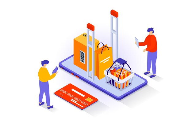 Concepto de compras en línea en diseño isométrico 3D Personas que compran alimentos en supermercados página web con embalaje que entrega tarjeta de crédito de pago Ilustración vectorial con escena de isometría para gráficos web