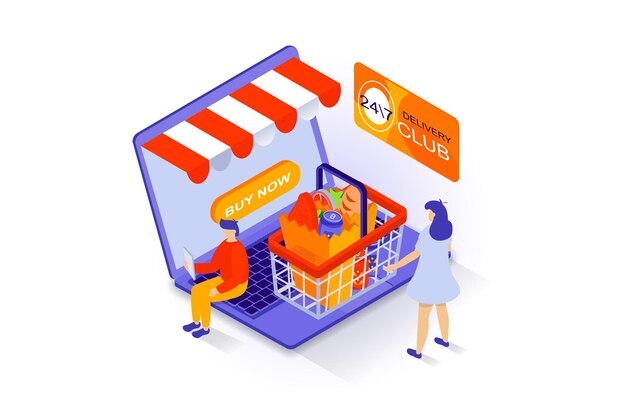 Concepto de compras en línea en diseño isométrico 3D Personas que piden comida en un supermercado o tienda de comestibles página web con entrega y pago con tarjeta de crédito Ilustración vectorial con escena de isometría para gráficos web