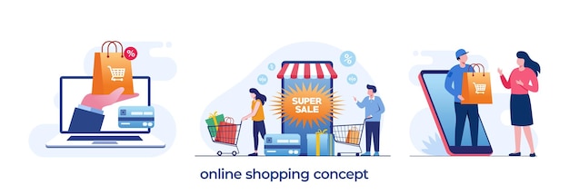 Concepto de compras en línea ecommerce flash venta descuento pago sin efectivo digital ilustración plana vector