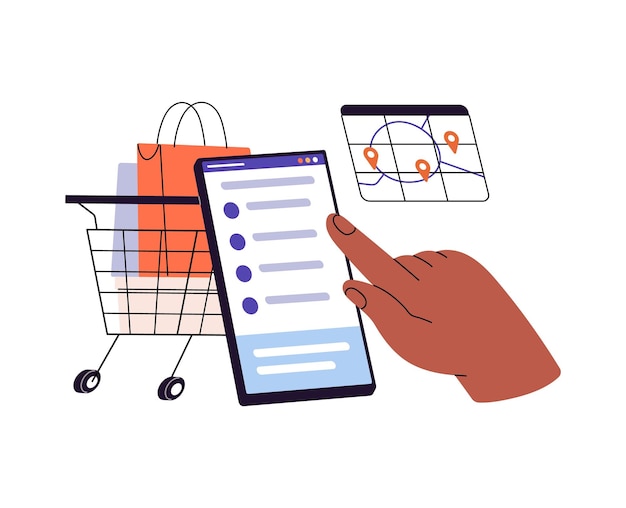 Concepto de compras en línea Entrega de carrito con mercancías de venta en mercados de Internet El cliente compra hace el pedido con teléfono Ubicación de entrega Ilustración vectorial aislada plana sobre fondo blanco