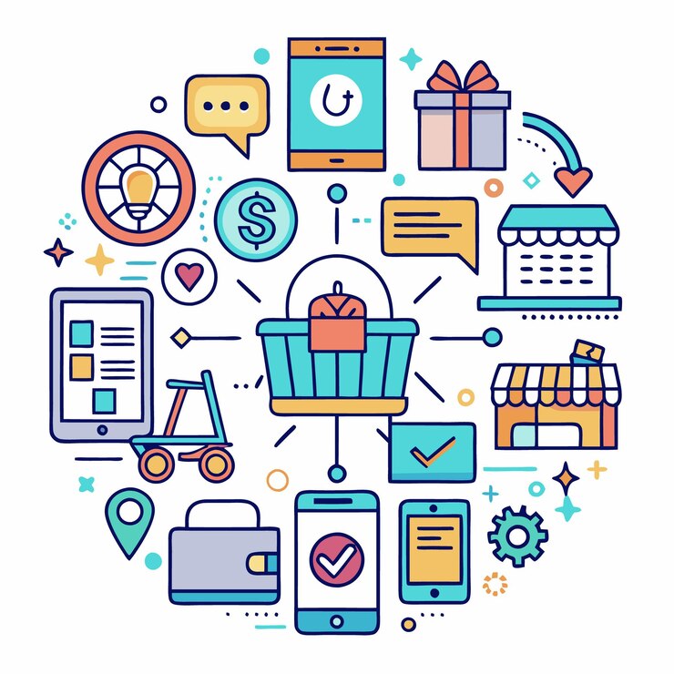 Vector concepto de compras en línea con entrega de pagos de cestas de regalos y aplicaciones móviles