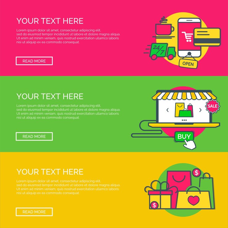 Vector el concepto de compras en línea es un conjunto de banners de sitios web con iconos lineales planos y delgados para gráficos publicitarios, aplicaciones móviles, diseño de páginas, ilustración vectorial.