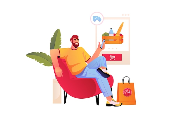 Concepto de compras en línea con escena de personas en la ilustración de vector de diseño plano