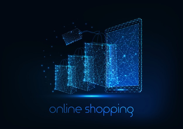 Concepto de compras en línea futurista con tableta poligonal baja brillante, bolsas de papel y etiqueta de precio.