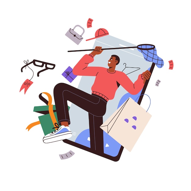El concepto de compras en línea La gente compra bienes en la tienda digital de la aplicación de mercado El hombre compra por teléfono inteligente El cliente obtiene descuentos en las ventas netas de Internet Ilustración de vector aislado plano en blanco
