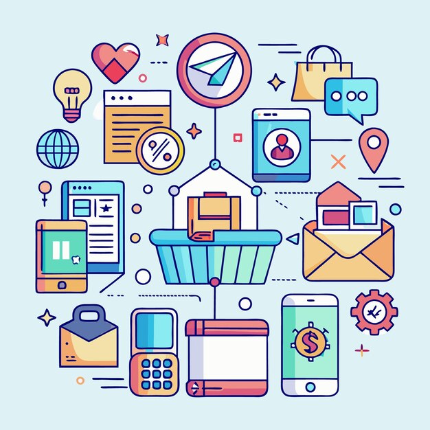 Concepto de compras en línea con iconos de entrega y pago del carrito de compras