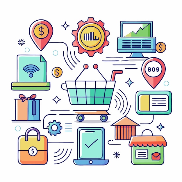 Concepto de compras en línea con iconos que representan la entrega de pagos por Internet y el servicio al cliente