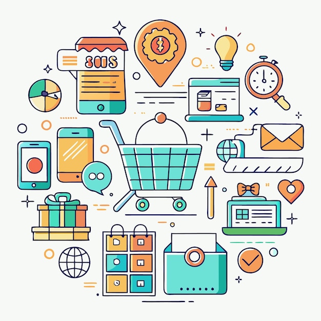 Concepto de compras en línea con íconos para sitio web de comercio electrónico o aplicación móvil