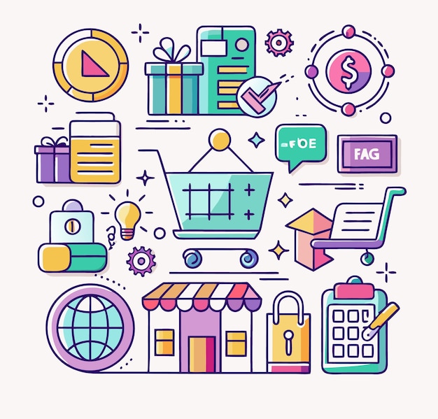 Concepto de compras en línea con íconos tienda carrito de entrega regalo pago soporte lista de verificación de seguridad global preguntas frecuentes e idea
