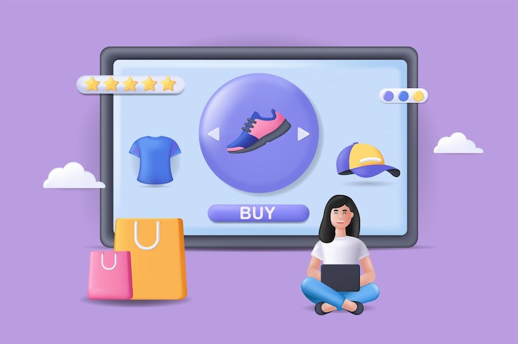 Vector concepto de compras en línea ilustración 3d composición de iconos con cliente feliz comprando ropa