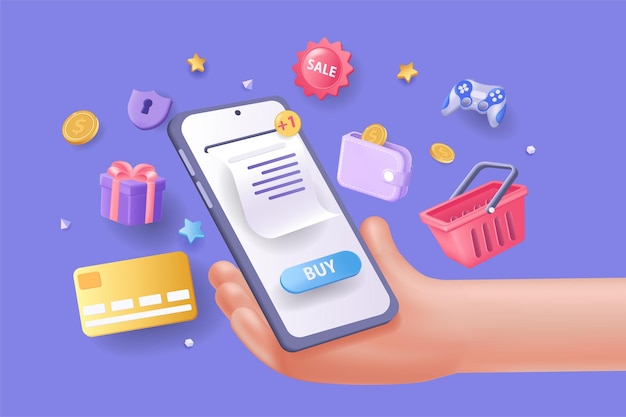 Concepto de compras en línea Ilustración 3D Composición de iconos con la mano sostiene el teléfono móvil y el pago de la compra con tarjeta de crédito regalos del carro de la tienda para el cliente Ilustración vectorial para el diseño web moderno