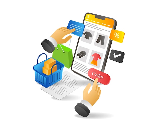 Concepto de compras en línea de ilustración 3d plana isométrica con aplicación de comercio electrónico