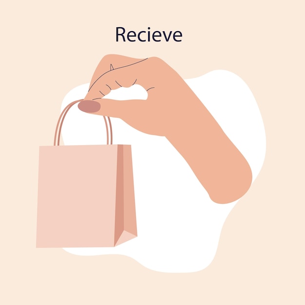 Concepto de compras en línea Ilustración de compras y entrega en línea con una mano sosteniendo una bolsa Diseño de vector dibujado a mano de moda