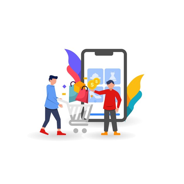 Concepto de compras en línea Ilustración de compras en línea con teléfonos inteligentes