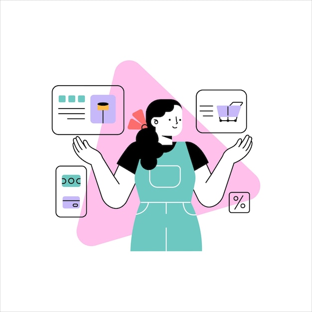 Concepto de compras en línea Ilustración de vector plano de una mujer comprando en línea con tarjeta de crédito y smartp