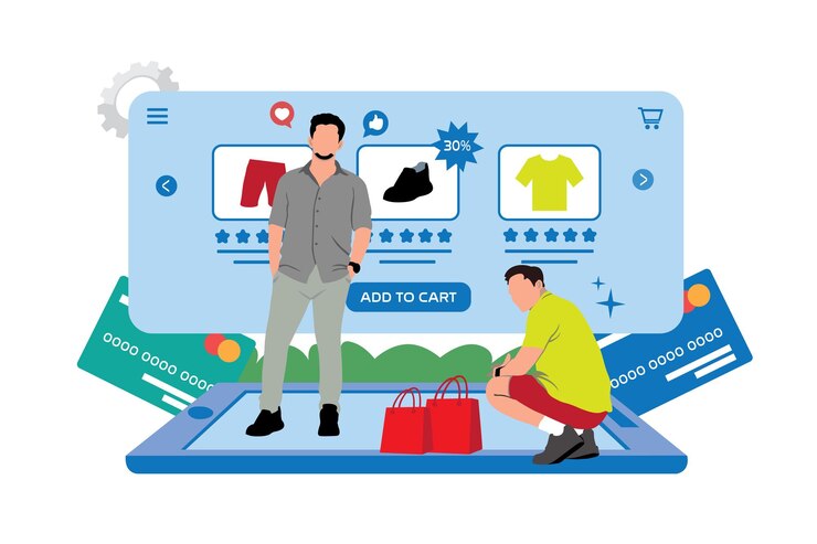 Vector concepto de compras en línea ilustración vectorial en estilo de diseño plano hombre con tarjeta de crédito y p móvil