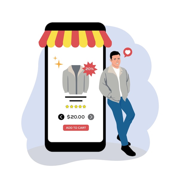 Concepto de compras en línea Ilustración vectorial en estilo plano Hombre comprando ropa en línea