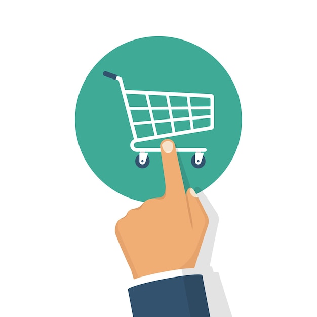 Concepto de compras en línea Mano presionando el carro de botones Comercio electrónico Dedo tocando la cesta Diseño plano de ilustración vectorial Aislado sobre fondo blanco